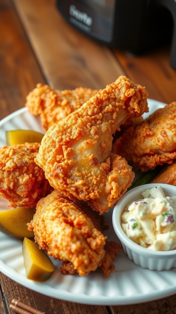Crispy air fryer fried chicken served with coleslaw and pickles on a wooden table.